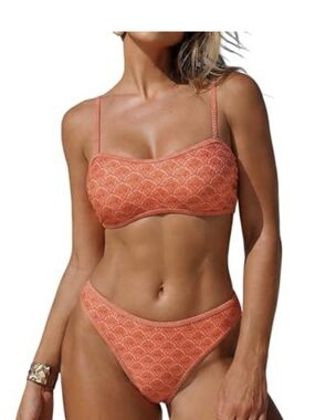 Zaful Coral Scallop-Texture Bandeau Bikini Set